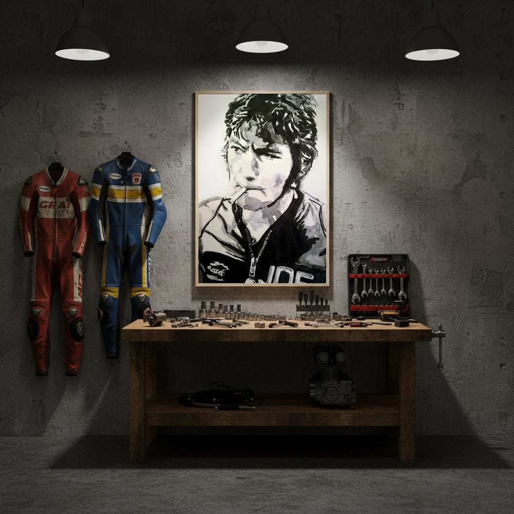 Large 60×90 cm Joey Dunlop print mounted in a premium motorcycle workshop beside vintage racing leathers and tools, concrete wall and overhead lighting.