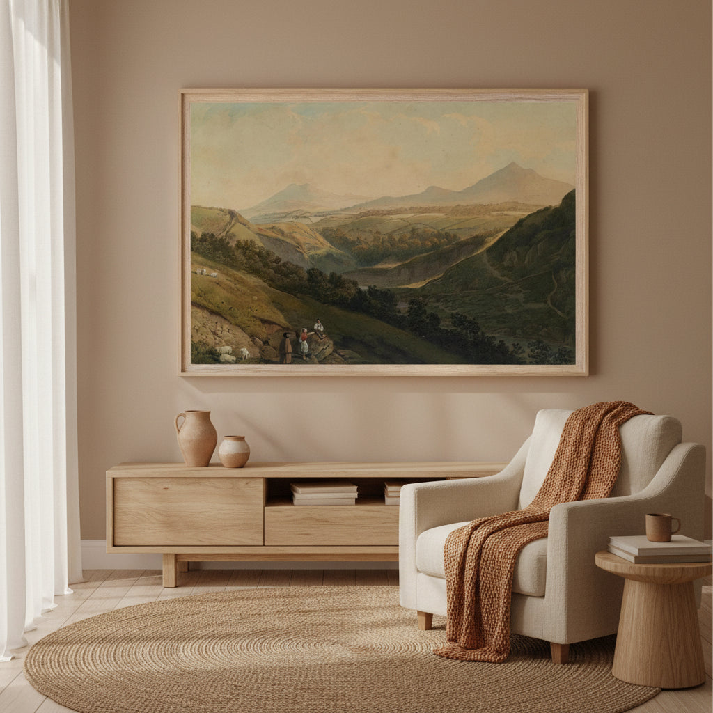 Large 60×90 cm framed print in natural oak/ash wood, Little and Great Sugar Loaf Mountains, museum-quality Irish landscape Large natural wood framed print in a warm contemporary room with earth tones, organic textures, handcrafted feel.