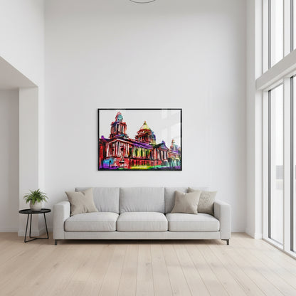 Large 60x80 cm Belfast City Hall framed print in slim black frame, feature piece above a three-seater sofa, white wall, high-ceiling living room, wooden floor, subtle reflections on plexiglass, realistic wide-angle interior shot.