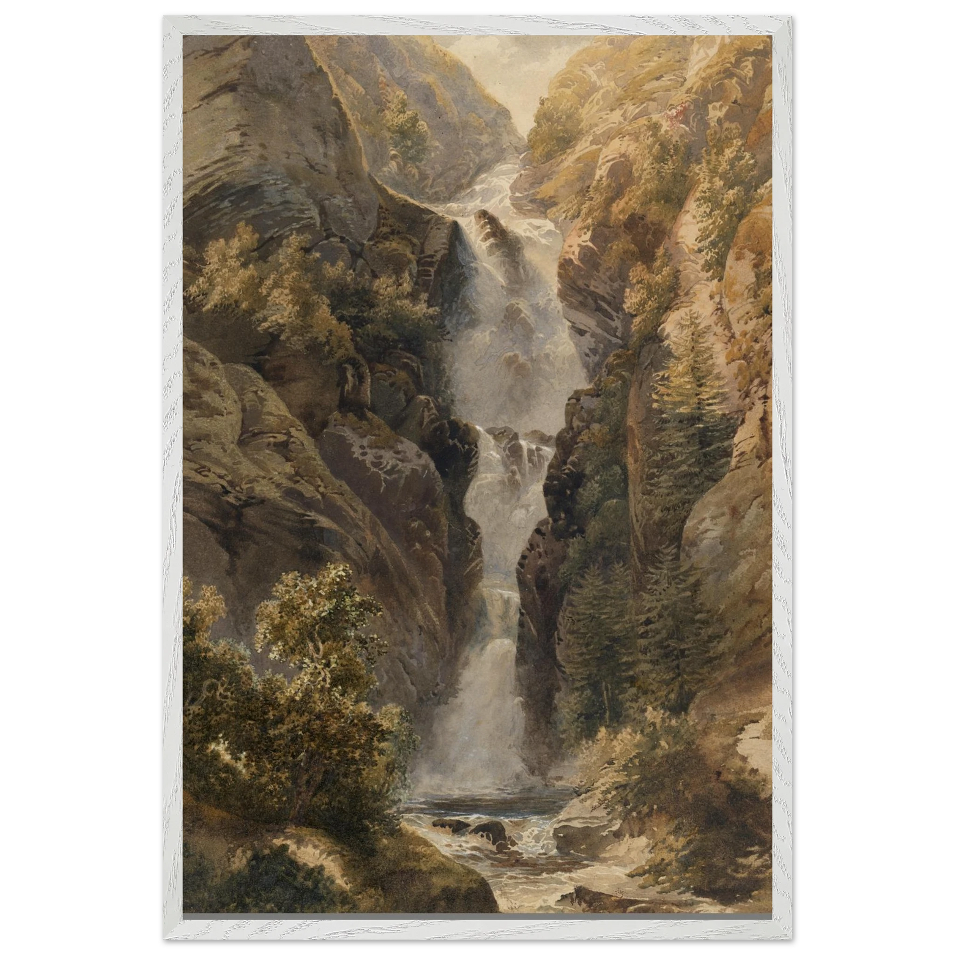 Large White Wooden Framed reproduction of Esna Larach Waterfall by Henry Newton from the National Gallery of Ireland Collection