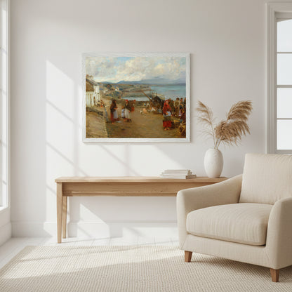 A 40×50 cm art print of “Life in Connemara, A Market Day” by Walter Frederick Osborne in a premium matte-white wooden frame. Displayed in a coastal-inspired interior with airy white tones, linen textures, light oak furniture, and soft window light. Styled as luxury wall art with a museum-quality feel.