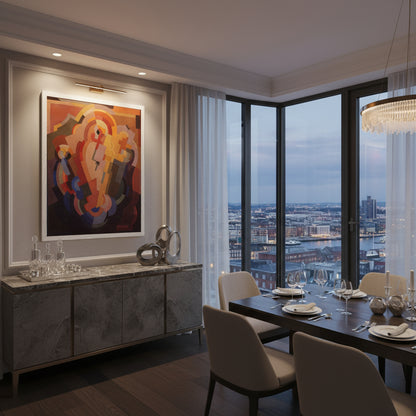 Luxury Penthouse Dining Room
Mainie Jellett abstract art above marble sideboard in modern penthouse dining room with Dublin city view.
