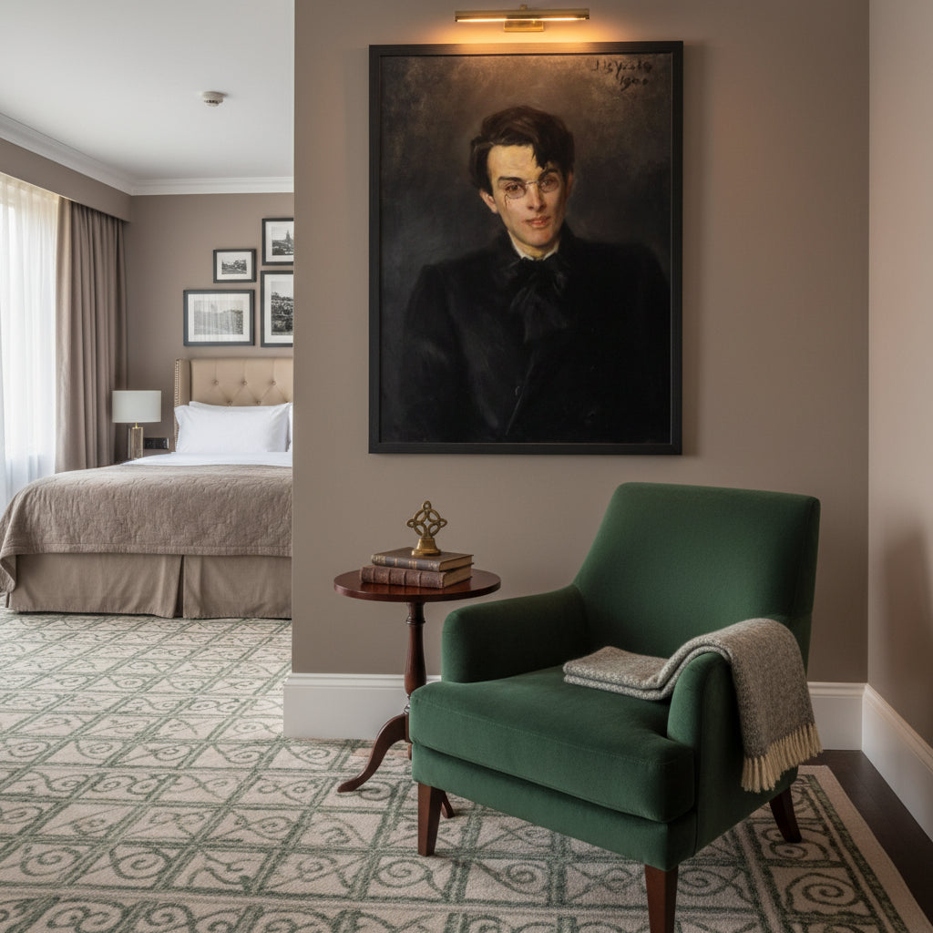 Luxury hotel suite in Dublin with muted taupe walls, velvet armchair, and framed Yeats print accentuating refined Irish heritage décor.