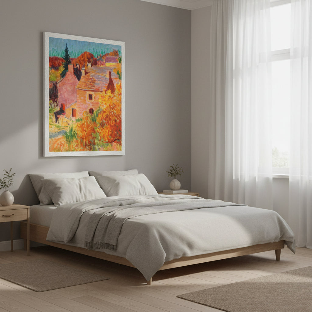 Maisons Rouges à Pont-Aven by Roderic O’Conor in white gallery frame, museum-quality Collector’s Edition reproduction. Calm bedroom with muted palette, linen bedding, soft morning light, Collector’s Edition O’Conor print above bedside or dresser.