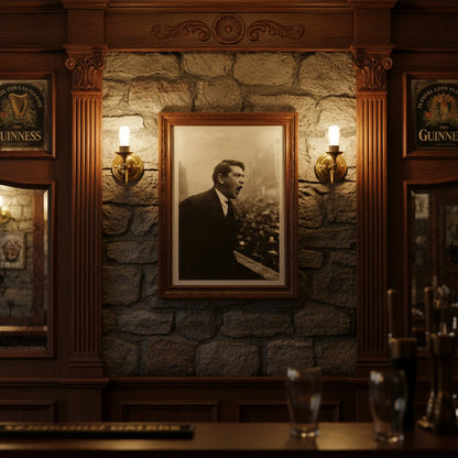 Michael Collins framed portrait on a stone wall inside a vintage Irish pub, surrounded by dark wood panelling, Guinness mirrors and brass wall sconces, warm amber lighting.