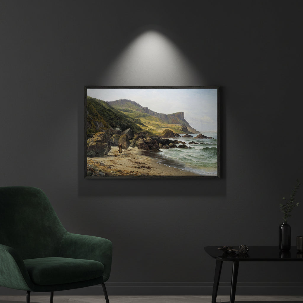 Murlough Bay & Fair Head – Collector’s Edition Irish Landscape Print, Dark charcoal wall, spotlight on the artwork, dramatic shadow falloff, black frame, luxury interior styling, rich textures like velvet and matte black metal. Buy Irish art