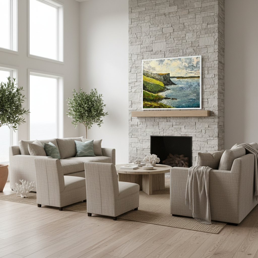 Murlough Bay und Fair Head, Küste von Antrim, gerahmter Wand-Kunstdruck eines irischen Künstlers