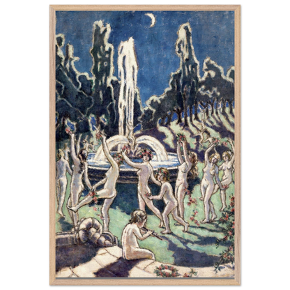 Nudes Dancing round a Fountain by Moonlight by Mainie Jellett – natural wood framed Irish Modernism print