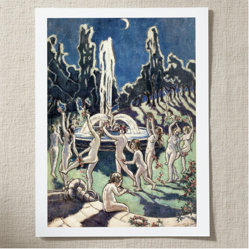 Nudes Dancing round a Fountain by Moonlight by Mainie Jellett Irish Modernist unframed archival art print resting on light linen fabric. Soft natural daylight, gentle shadows, artisanal fine-art photography style.