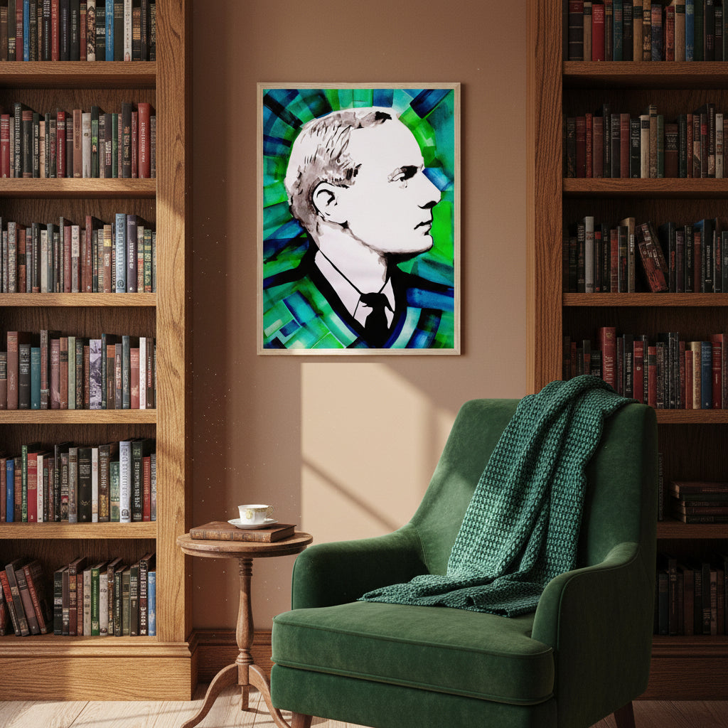 Oak-framed Patrick Pearse print in home library with shelves of Irish history books, emerald throw blanket and soft daylight.