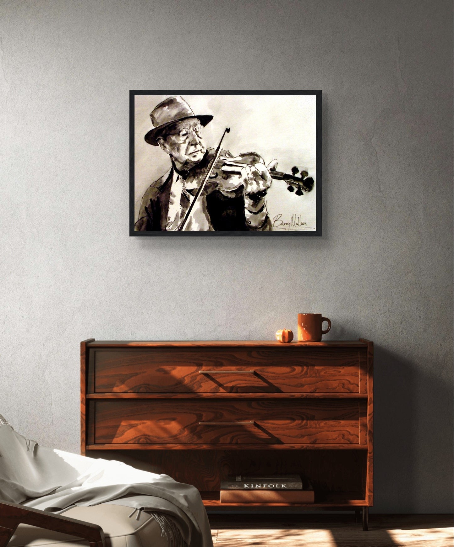 Framed art print of an Old Irish Traditional Fiddle Player by artist B. Mullan. Captures the essence of Irish music heritage with a black wood frame. Perfect for music lovers and those appreciating Irish cultural traditions