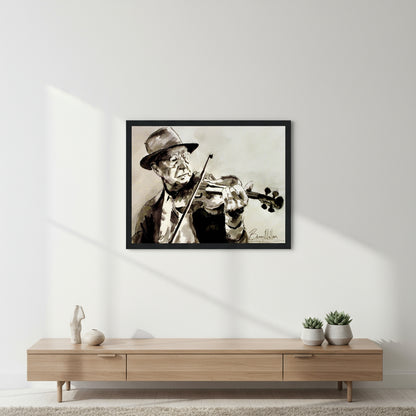 Old Irish Fiddle Player Print by lrish artist Ó Maoláin. Traditional Music Print capturing Celtic folk. Ideal decor and gifts for violin enthusiasts. Buy Irish wall art to celebrate Ireland's rich heritage.gallery edition art of an Irish fiddle player illustration, thin black gallery frame, matte paper texture, soft daylight, minimalist wall, clean contemporary interior, subtle shadows, mid-range lifestyle settining