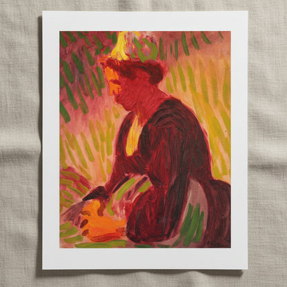 Peasant Woman Seated Outdoors – Roderic O’Conor Collector’s Edition unframed archival print resting on light linen fabric. Soft natural daylight, gentle shadows, artisanal fine-art photography style.