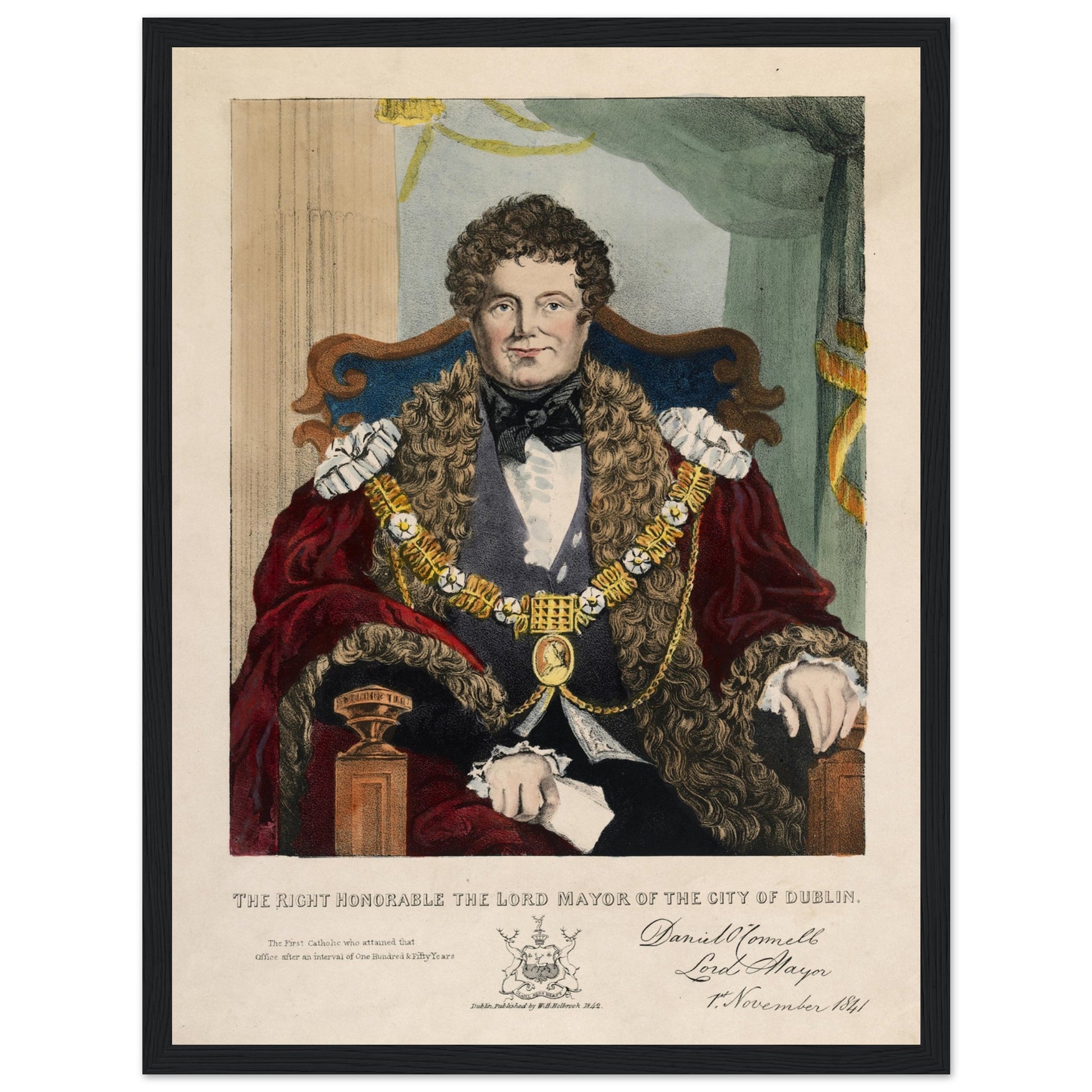Portrait of Daniel O’Connell as Lord Mayor of Dublin, reproduction of coloured lithograph with mayoral chain.
