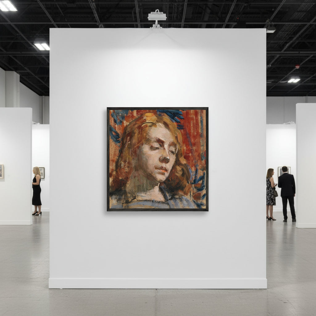 Portrait of Kathleen Behan by Sarah Henrietta Purser, Black wooden frame on a white art-fair exhibition wall, clean minimalist booth, museum-grade overhead lighting, refined contemporary aesthetic, photorealistic.

