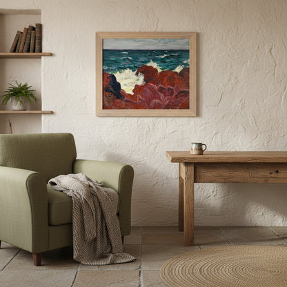 Red Rocks and Sea by Roderic O’Conor – Collector’s Edition Art Print Warm cottage room with textured plaster walls, soft natural daylight, rustic wooden table, framed O’Conor print hung slightly off-centre, heritage styling.