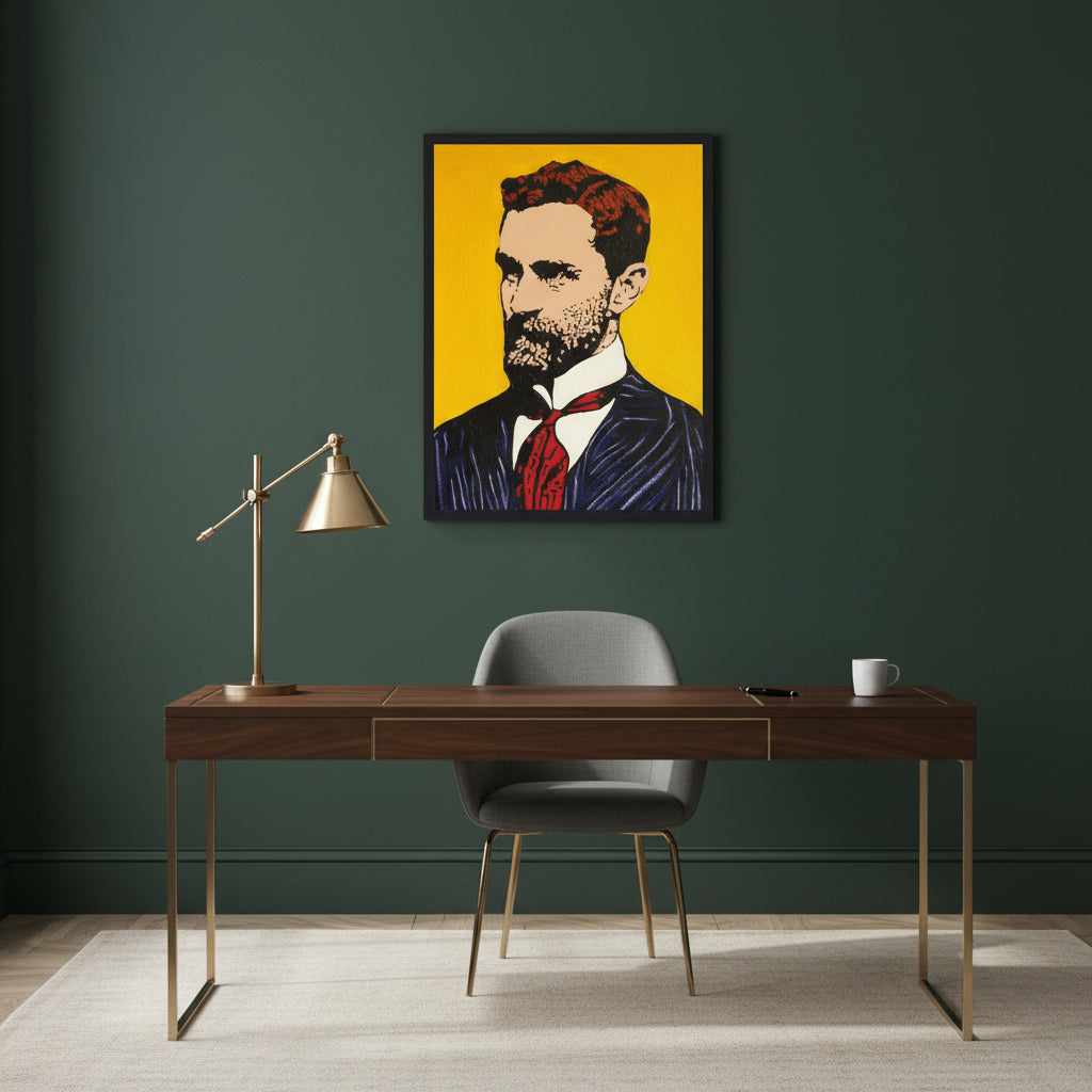 Contemporary office with dark green accent wall and brass lamp; Roger Casement portrait in black gallery frame as the focal art piece behind a writing desk.