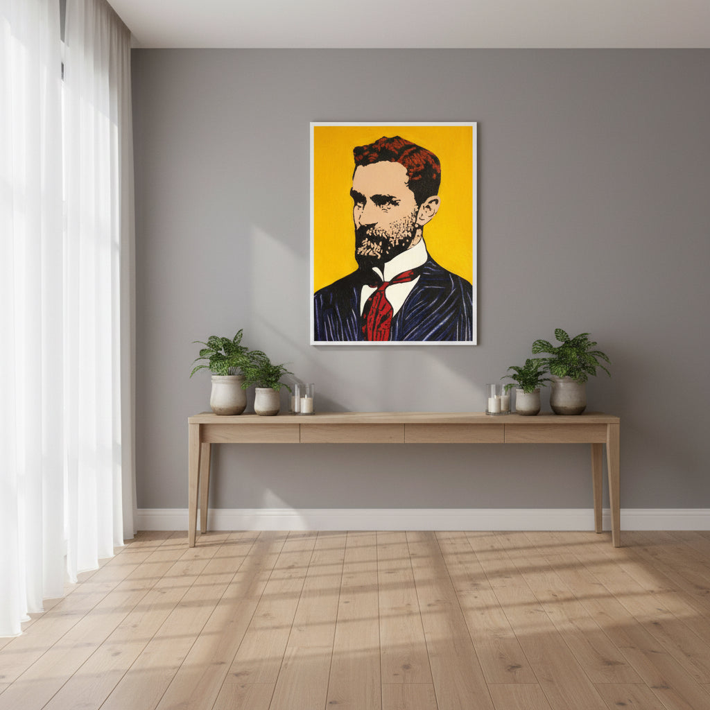 Modern interior with soft grey walls and light oak floor; Roger Casement portrait in white wood frame hung above a slim console with potted plants and candles.