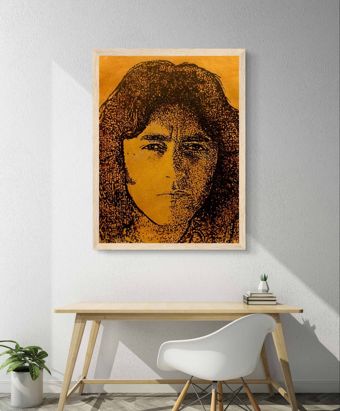 Photo Finish: Portrait of Rory Gallagher in rich brown and golden hues, capturing his charismatic presence. Art by Irish artist Ó Maoláin, celebrating the legendary blues rock guitarist from Ballyshannon.