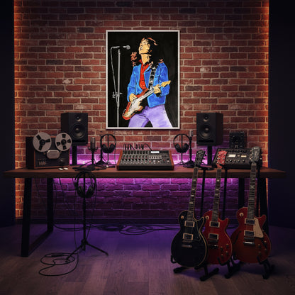 Rory Gallagher art print above a recording setup with guitars on stands, studio monitors, exposed brick wall, ambient LED lighting and a creative artist atmosphere.