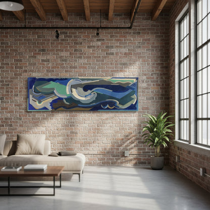 This image presents a striking canvas print titled "Sea Rhythm" by the renowned Irish artist Mainie Jellett, reflecting an abstract and modernist artistic approach. The canvas features a dynamic blend of vibrant colors and intricate forms that evoke the rhythmic essence of the ocean. Long horizontal canvas in an industrial loft interior, exposed brick, large windows, dramatic lighting — luxury artistic styling”