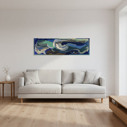 Sea Rhythm by Mainie Jellett displayed as a large canvas above a light grey Scandinavian sofa, soft daylight, oak furniture, minimal décor, clean aesthetic — interior design photography