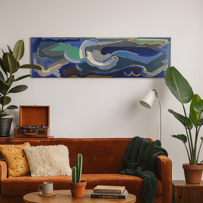Living room with a brown sofa, coffee table, and abstract painting by Irish artist Mainie Jellett, abstract and modernist canvas art print on the wall.