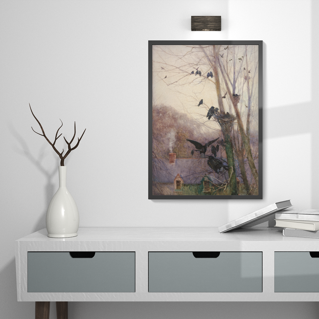 Framed Irish artwork on a wall above a white console table with decorative items.