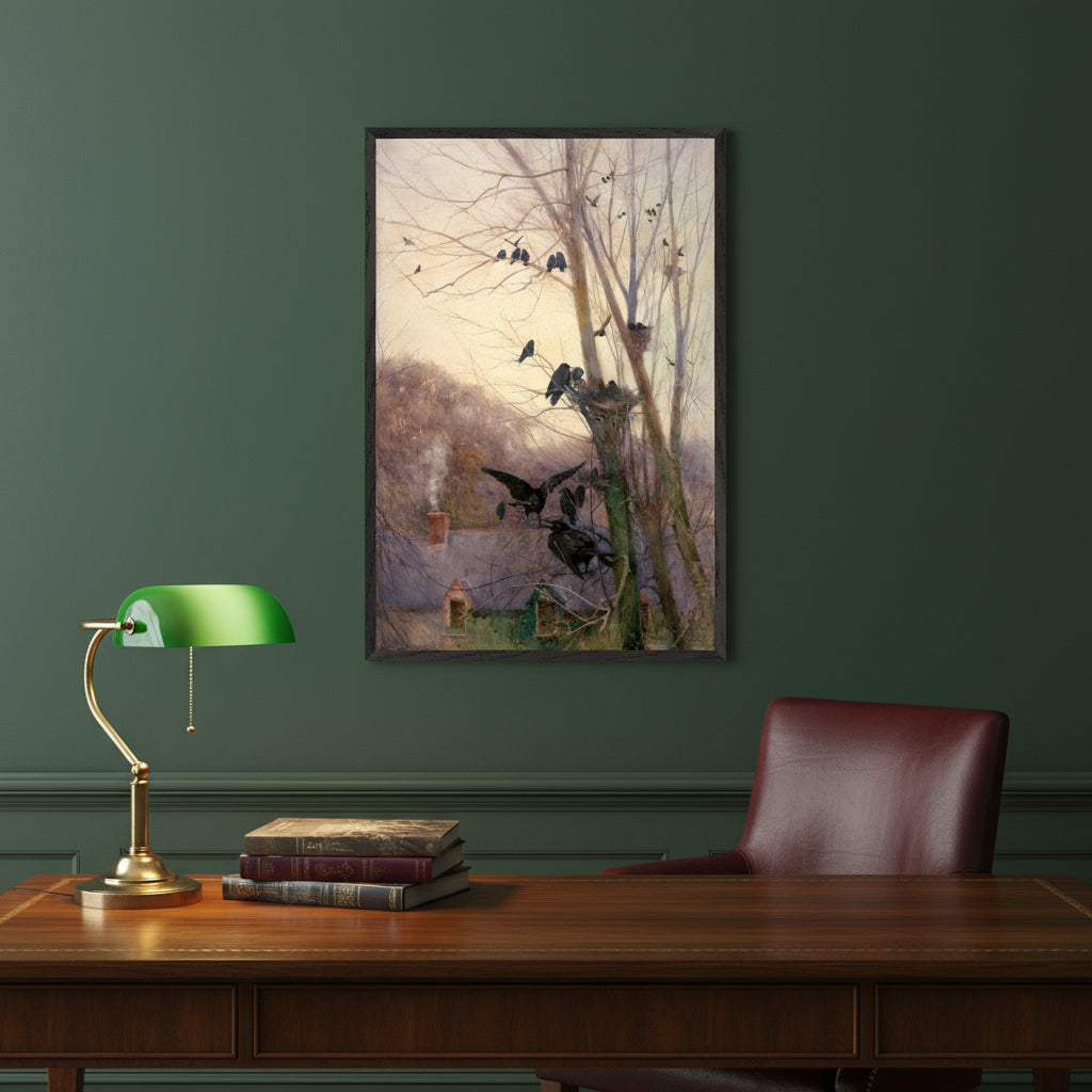 Shades of Evening by Irish Artist Mildred Anne Butler Art Print 60x90 cm / 24x36″ / Framed Art Print Library study: Black Gallery frame above mahogany writing desk; green walls, leather chair, brass banker’s lamp, stacked art books.