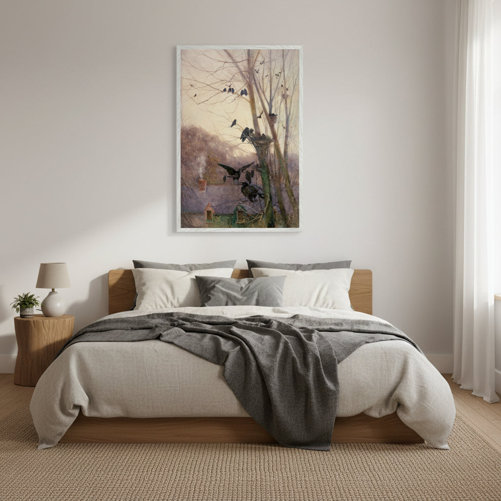 Shades of Evening by Irish Artist Mildred Anne Butler Art Print 60x90 cm / 24x36″ / Framed Art Print / White frame. Calm bedroom with linen bedding in soft greys and creams, wooden headboard, vertical white-framed art print of a misty Irish hillside and birds roosting in bare trees at twilight hanging above the bed, soft morning light, serene and understated styling.