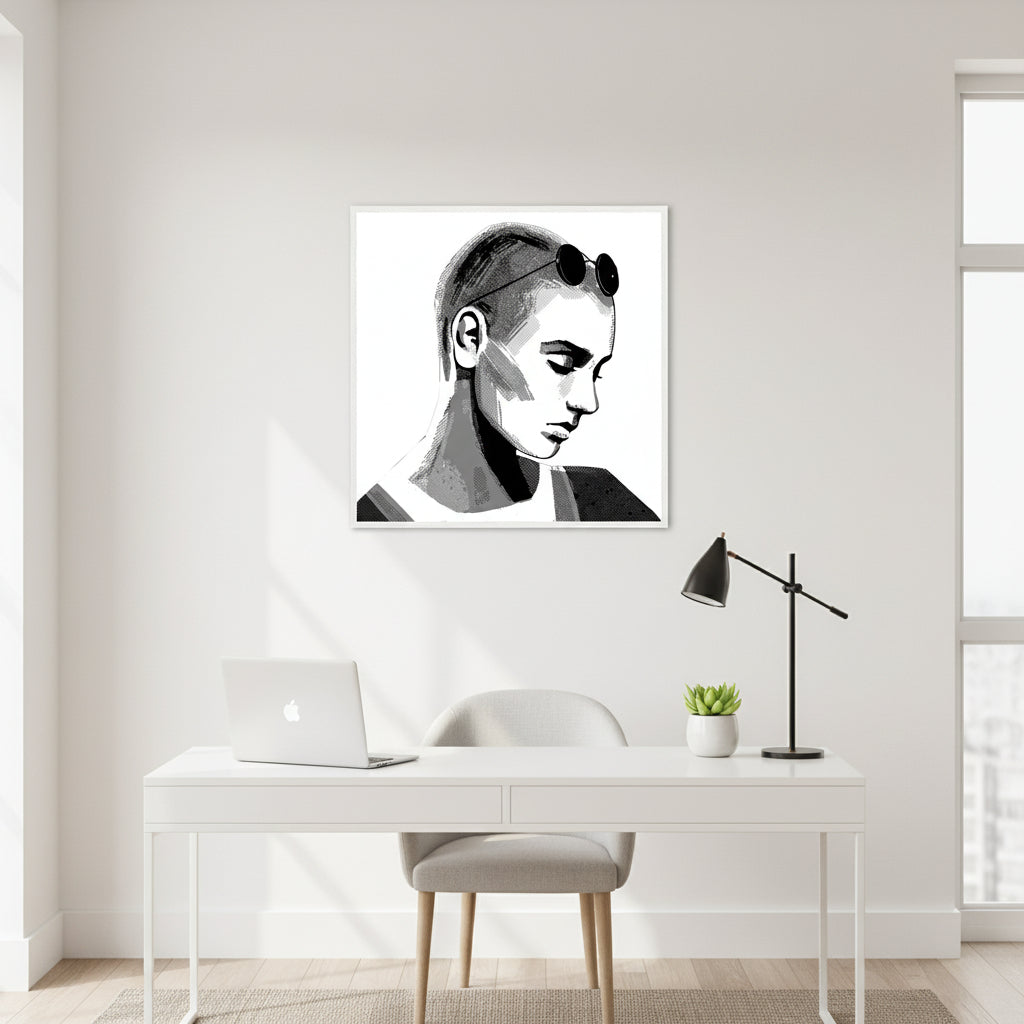 Sinéad O’Connor art print framed in matte white wood, styled in a bright modern home office, airy space, soft light, minimal decor, clean premium product photography.