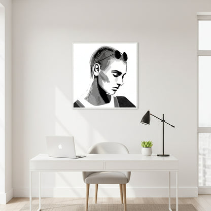 Sinéad O’Connor art print framed in matte white wood, styled in a bright modern home office, airy space, soft light, minimal decor, clean premium product photography.