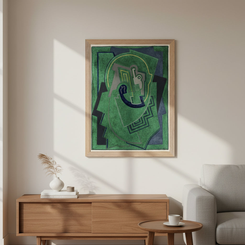 Single Element (c.1938) by Mainie Jellett in a natural oak/ash wooden frame, geometric Irish abstract art print in green and blue tones.