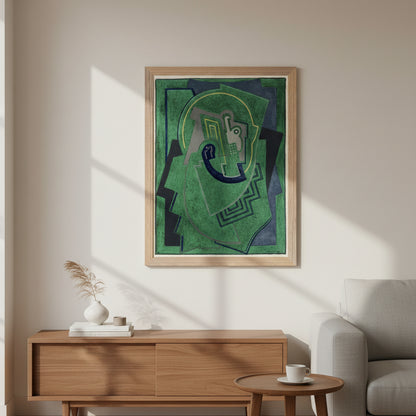 Single Element (c.1938) by Mainie Jellett in a natural oak/ash wooden frame, geometric Irish abstract art print in green and blue tones.