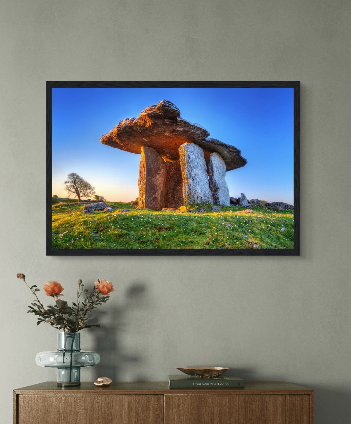 Framed print of Poulnabrone Dolmen, iconic Irish monument amidst Burren's limestone plateau. Evokes rich history and breathtaking landscapes.