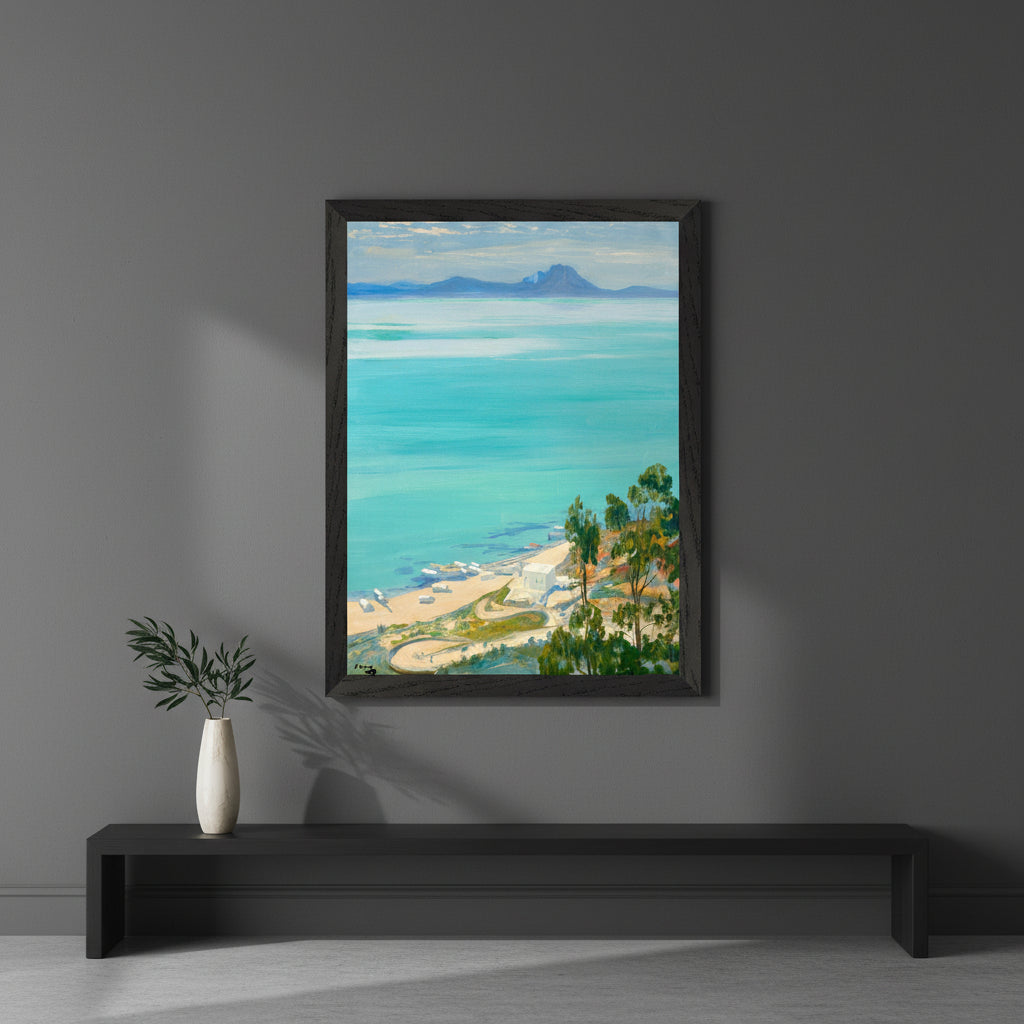The Bay of Tunis, Morning by Artist Sir John Lavery (1919) – Irish Art Print, fine-art framed print in matte black frame on a deep charcoal wall, soft studio
light from the left, elegant shadows, premium editorial interior styling, quiet
luxury, gallery mood, 4K realism
