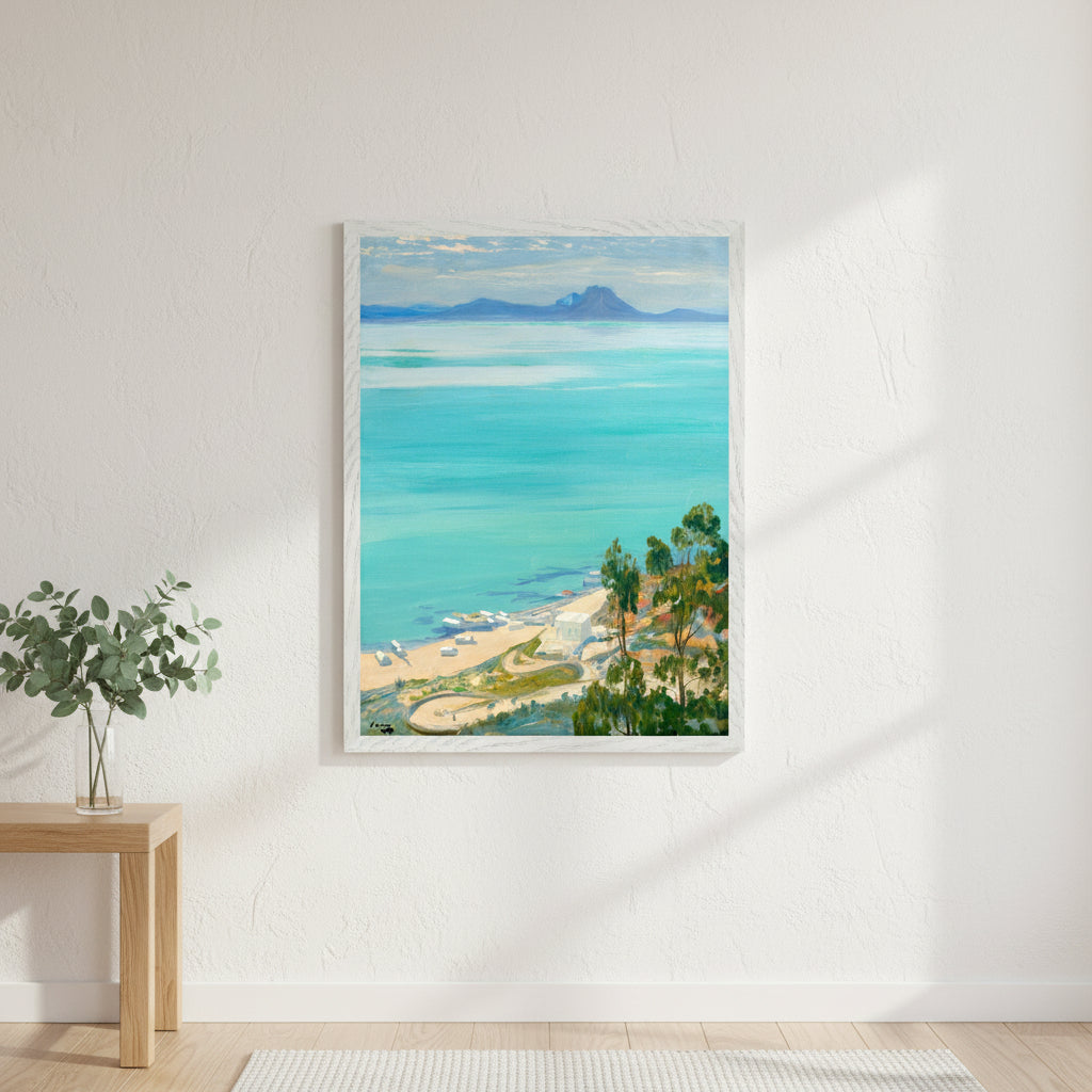 The Bay of Tunis, Morning by Artist Sir John Lavery (1919) – Irish Art Print, gallery edition print in clean white frame, hung in a bright Mediterranean-style
room with white plaster walls and gentle sunlit ambience, eucalyptus decor, airy
beach-house aesthetic, 4K photorealistic
