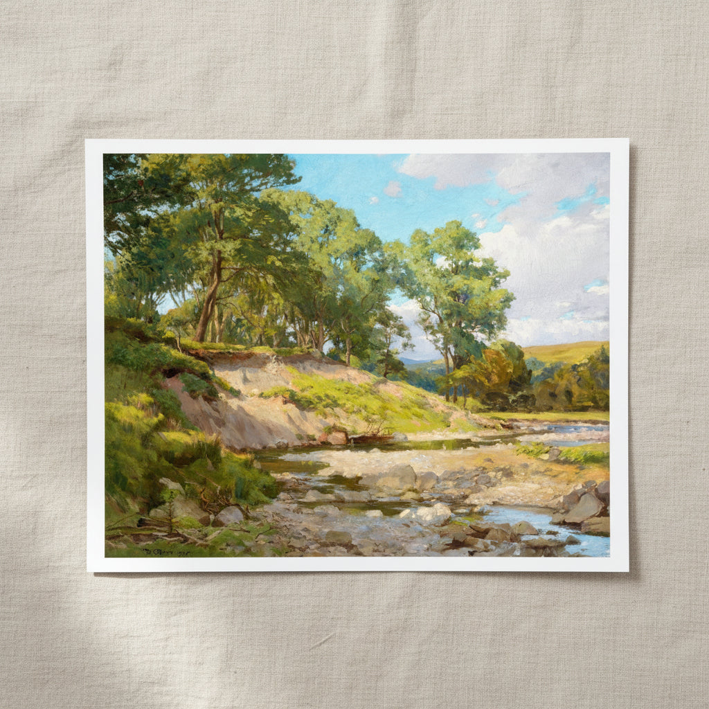 The Deer Park, Powerscourt by Dermod O’Brien – 16×20 unframed art print, detailed Irish landscape painting resting on light linen fabric. Soft natural daylight, gentle shadows, artisanal fine-art photography style.
