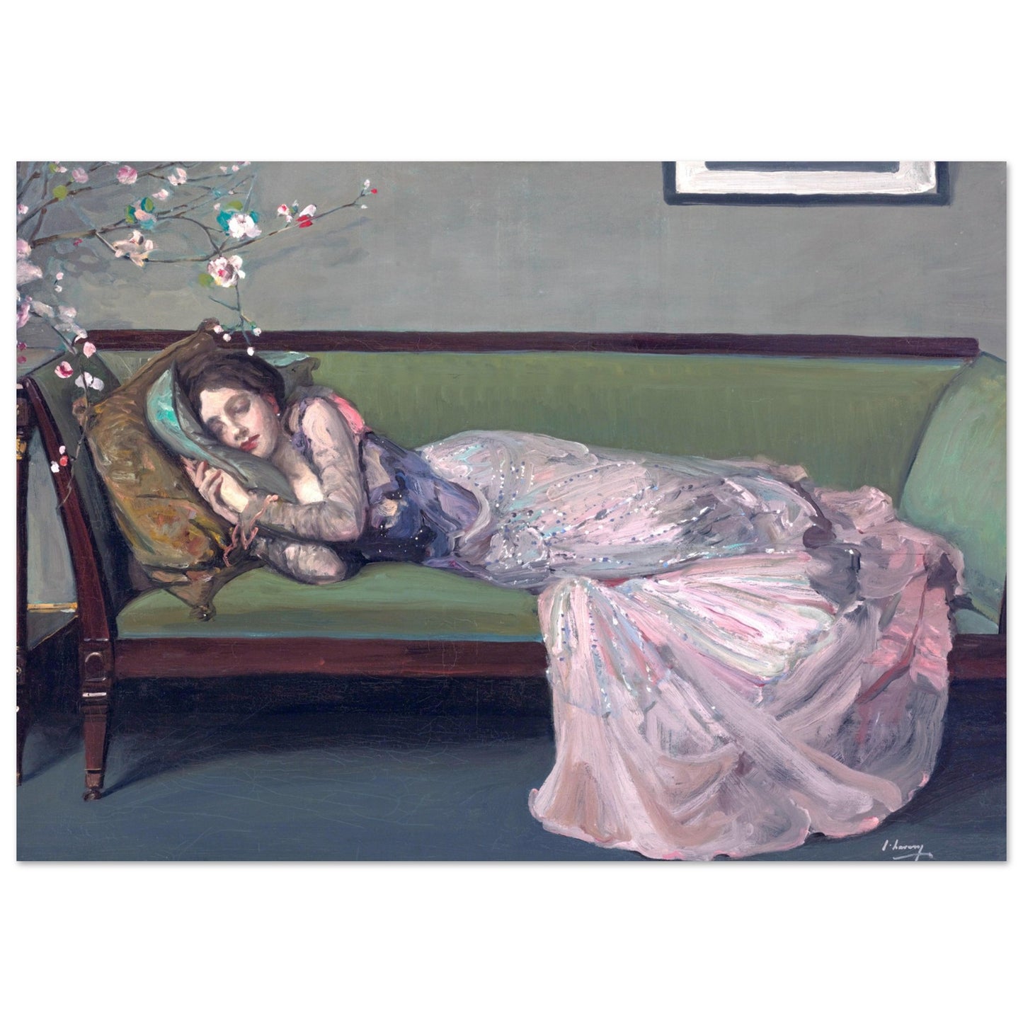 A reproduction art print of 'The Green Sofa' by Sir John Lavery, featuring a woman reclining on a green sofa with a floral motif in the background.