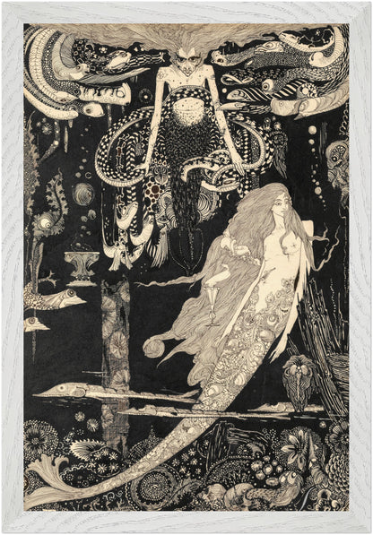 The Little Sea Maid by Harry Clarke, vertical 30×45 cm art print in a white gallery frame, fine Art Nouveau black-and-white artwork.