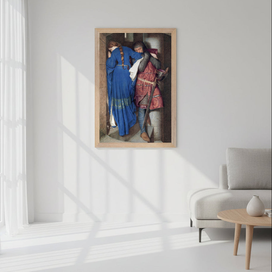 The Meeting on the Turret Stairs – Collector’s Edition Irish Art Print by Frederic William Burton natural wood frame on a clean white wall in a minimalist living room. Soft natural daylight, modern styling, vibrant colours popping.