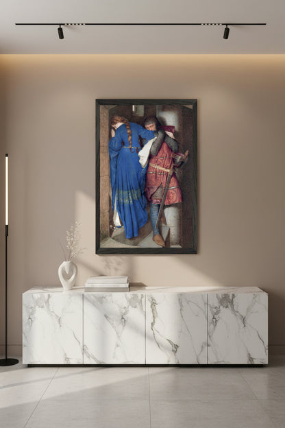 The Meeting on the Turret Stairs by Frederic William Burton, 60x90 cm vertical art print in a black gallery frame, large-format Collector’s Edition reproduction. High-end contemporary apartment with marble sideboard, vertical artwork in black frame, dramatic but soft lighting, luxury editorial aesthetic.