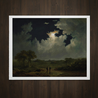 The Poachers (c.1830s) by James Arthur O’Connor – Irish Art Print unframed gallery edition print laid flat on dark wooden table, overhead soft diffused lighting, crisp shadows, rich matte paper texture visible, art studio look, 4K detail
