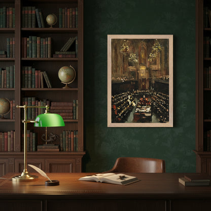 The Ratification of the Irish Treaty in a warm natural oak frame hung in a classic study with rich green walls, brass lamp, vintage books, warm golden lighting, heritage aesthetic.