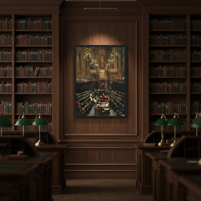 museum-grade framed art print hanging in a dimly lit heritage library, dark walnut shelves, brass desk lamps, Irish historical atmosphere, black wooden frame, crisp lighting, ultra-realistic interior photography, soft shadows, premium gallery styling