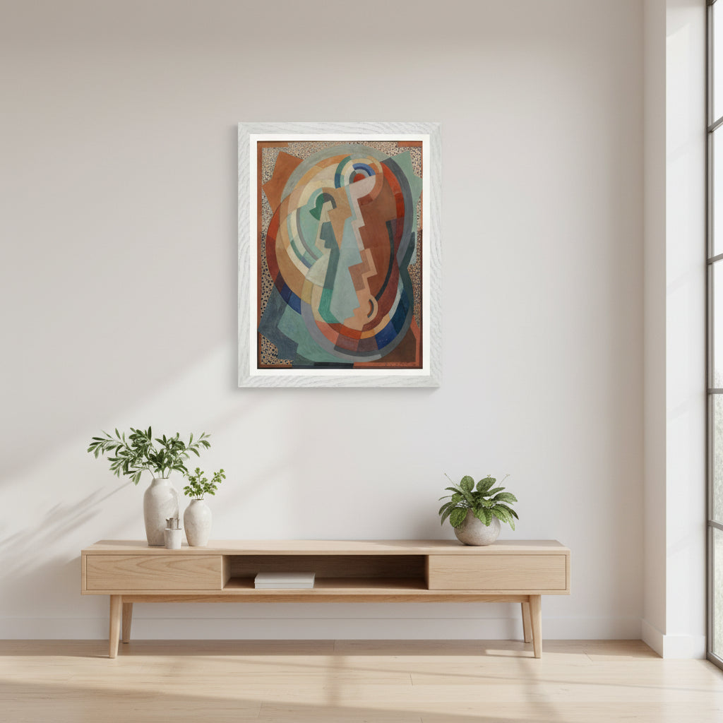 Mainie Jellett art print framed in white wood hanging on a white wall with pale wooden furniture and greenery. Modern Irish home interior, airy composition, soft daylight through window.