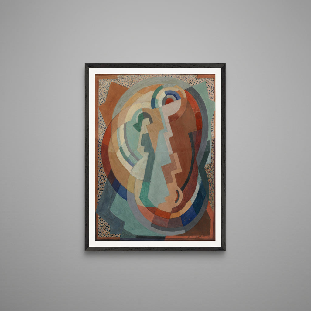 The Virgin and Child framed in black wood on a soft grey wall under diffused gallery lighting. Museum-style tone with subtle shadow, focus on geometric abstraction.