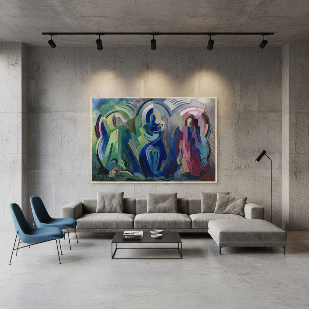 The Virgin of Éire abstract religious art by Mainie Jellett in modern loft apartment interior for art collectors and design-led homes