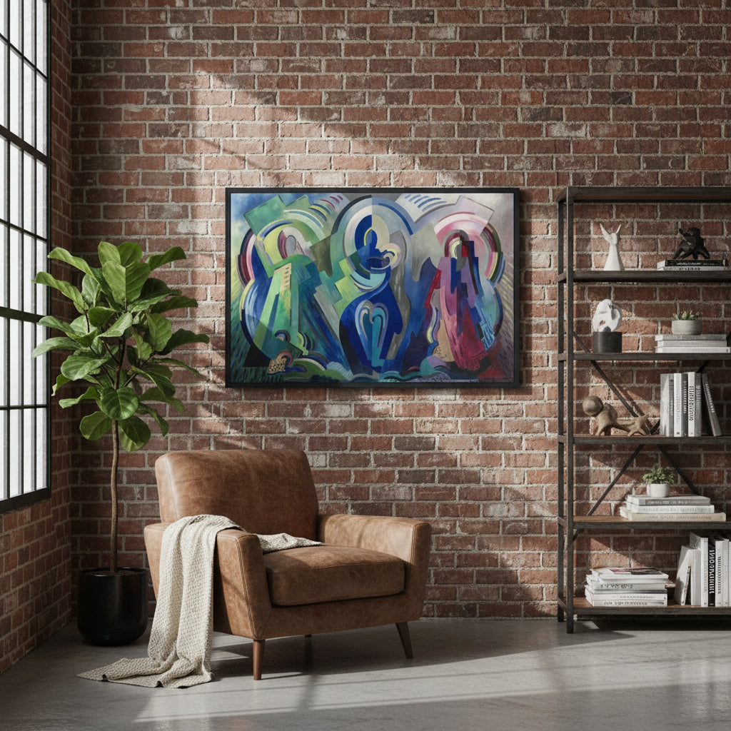 The Virgin of Éire by Mainie Jellett – Collector’s Edition Irish Modernist Art Print Framed artwork hung on exposed brick wall in an industrial loft, metal windows, warm ambient light, high contrast shadows, stylish eclectic decor, ultra-detailed 4K.
