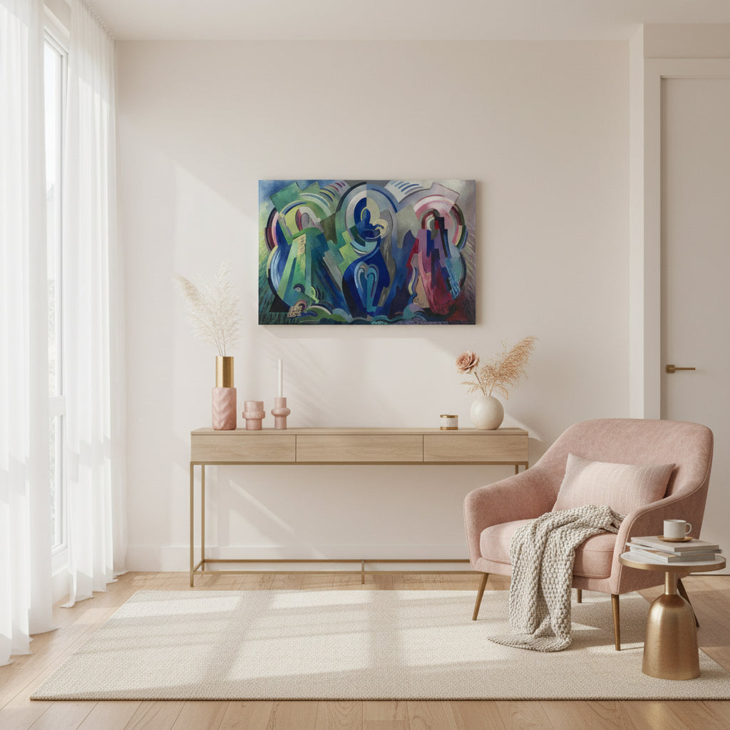 “The Virgin of Éire by Mainie Jellett displayed in a feminine modern apartment interior. Bright modern apartment with blush, cream, and gold accents. Chic feminine décor, candles, vases, soft textiles. The Virgin of Éire canvas print displayed above a console table, photographed in natural daylight, premium interior design style.